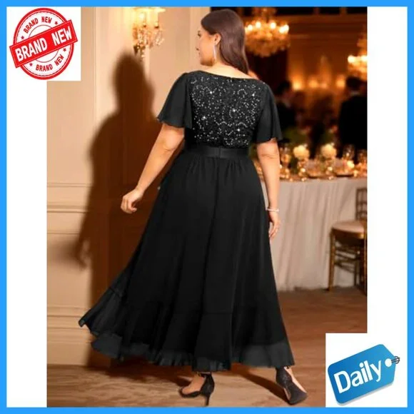 Sequin Chiffon Formal Dress Elegant Evening Wedding Guest Cocktail Gown - Picture 3 of 7